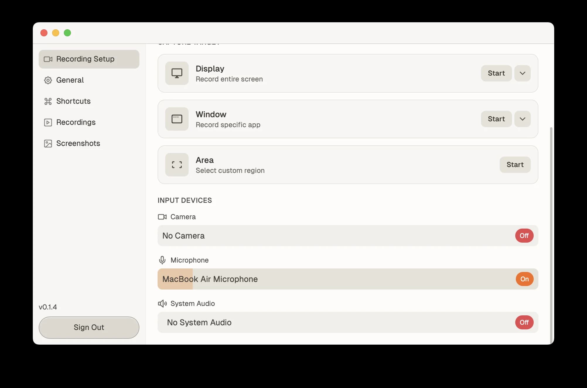 QuickSnip recording panel showing audio controls and system audio toggle