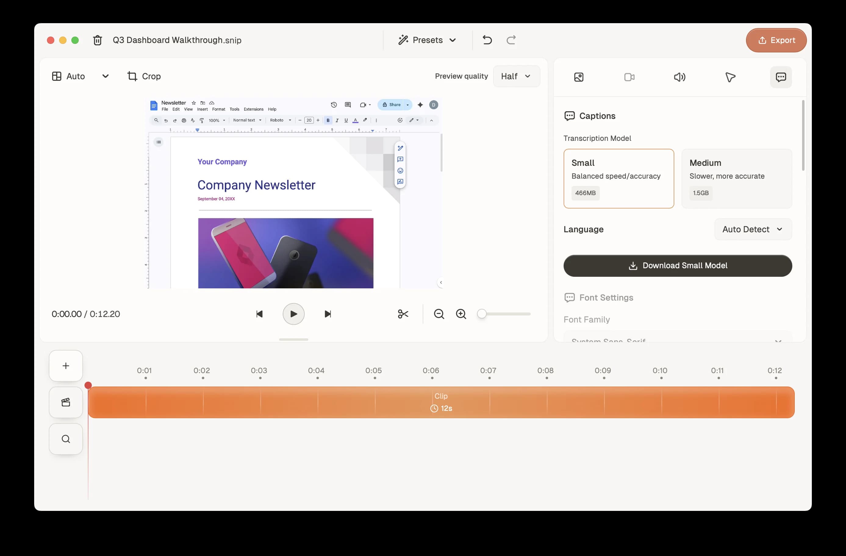 QuickSnip studio editor Captions tab showing transcription model selection, language options, and generate button