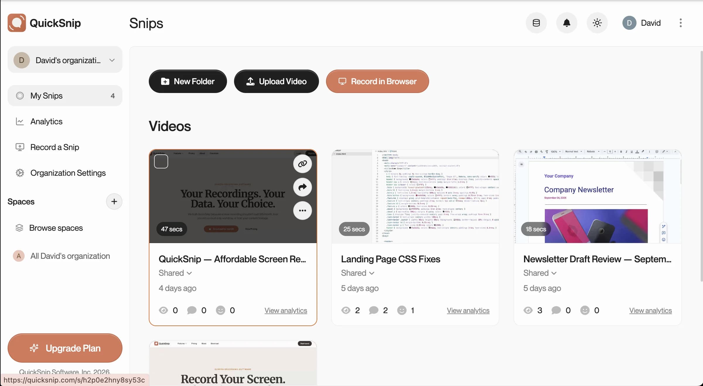 QuickSnip dashboard showing recordings with share links