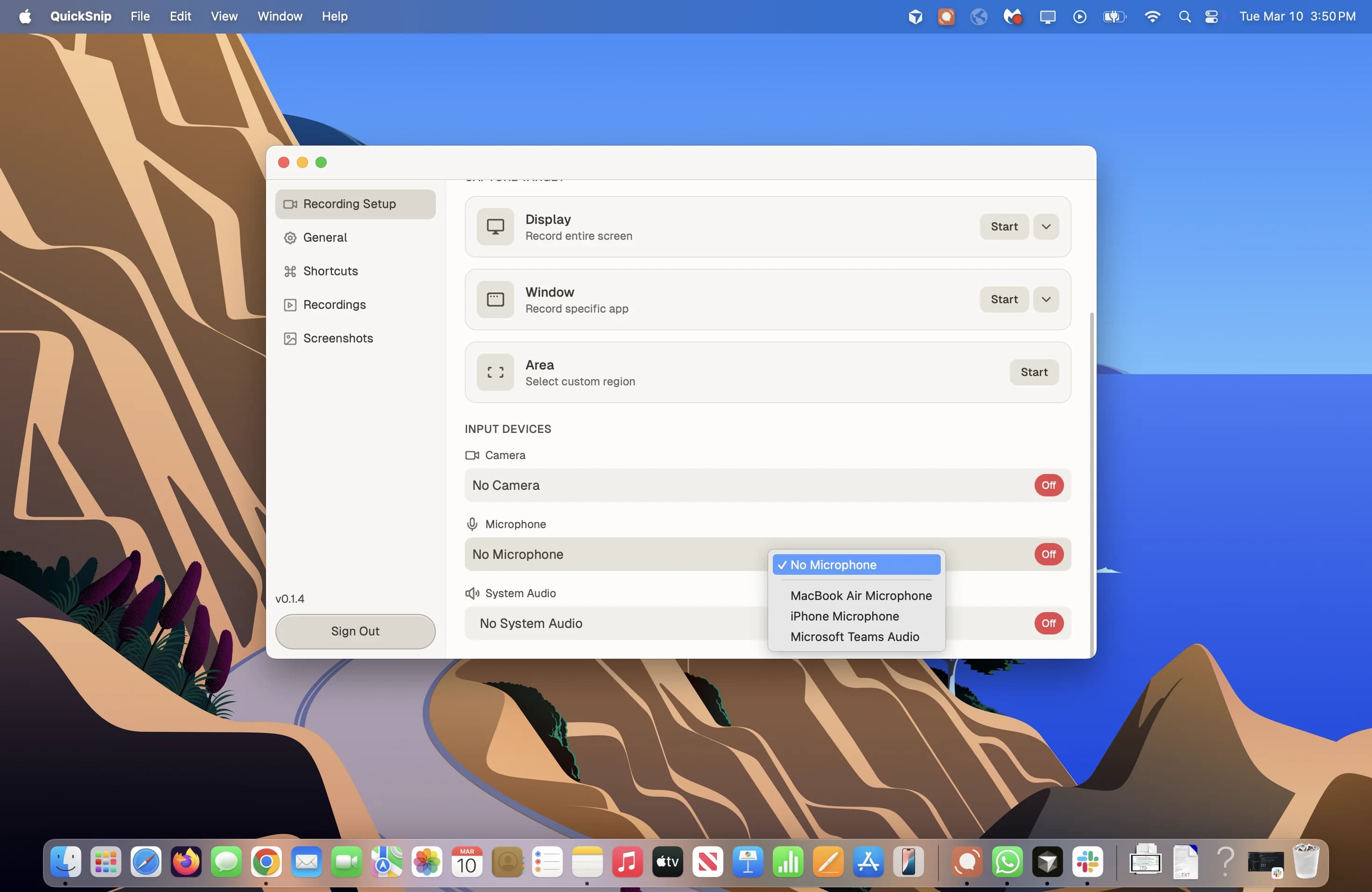 QuickSnip microphone selection dropdown showing available audio input devices