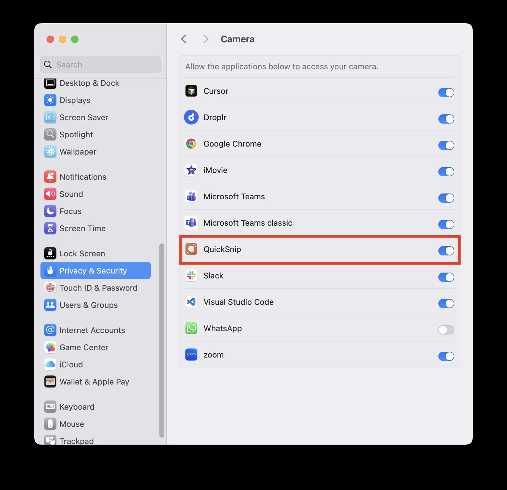 macOS System Settings showing Camera permission with QuickSnip toggled on