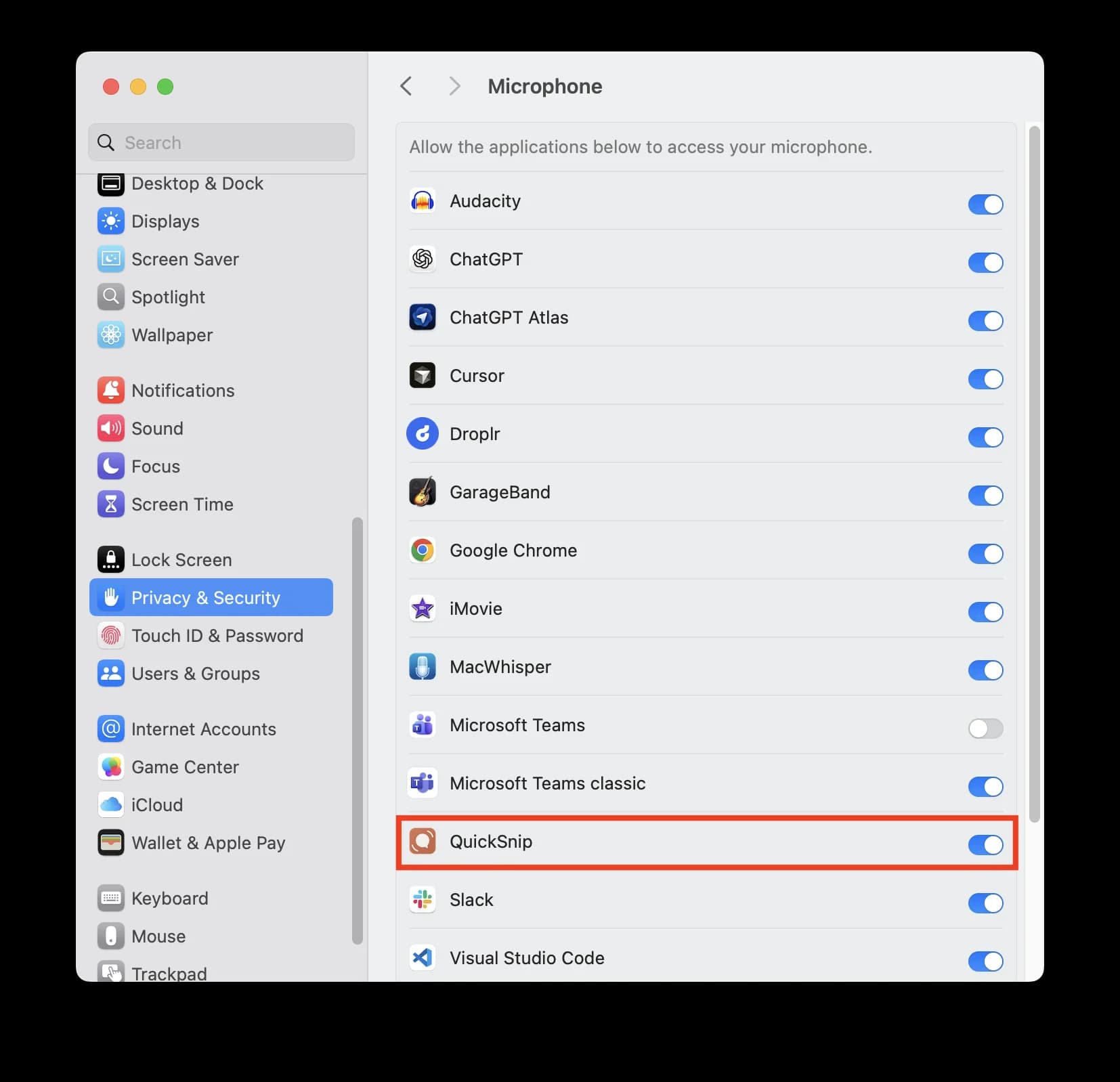 macOS System Settings showing Microphone permission with QuickSnip toggled on