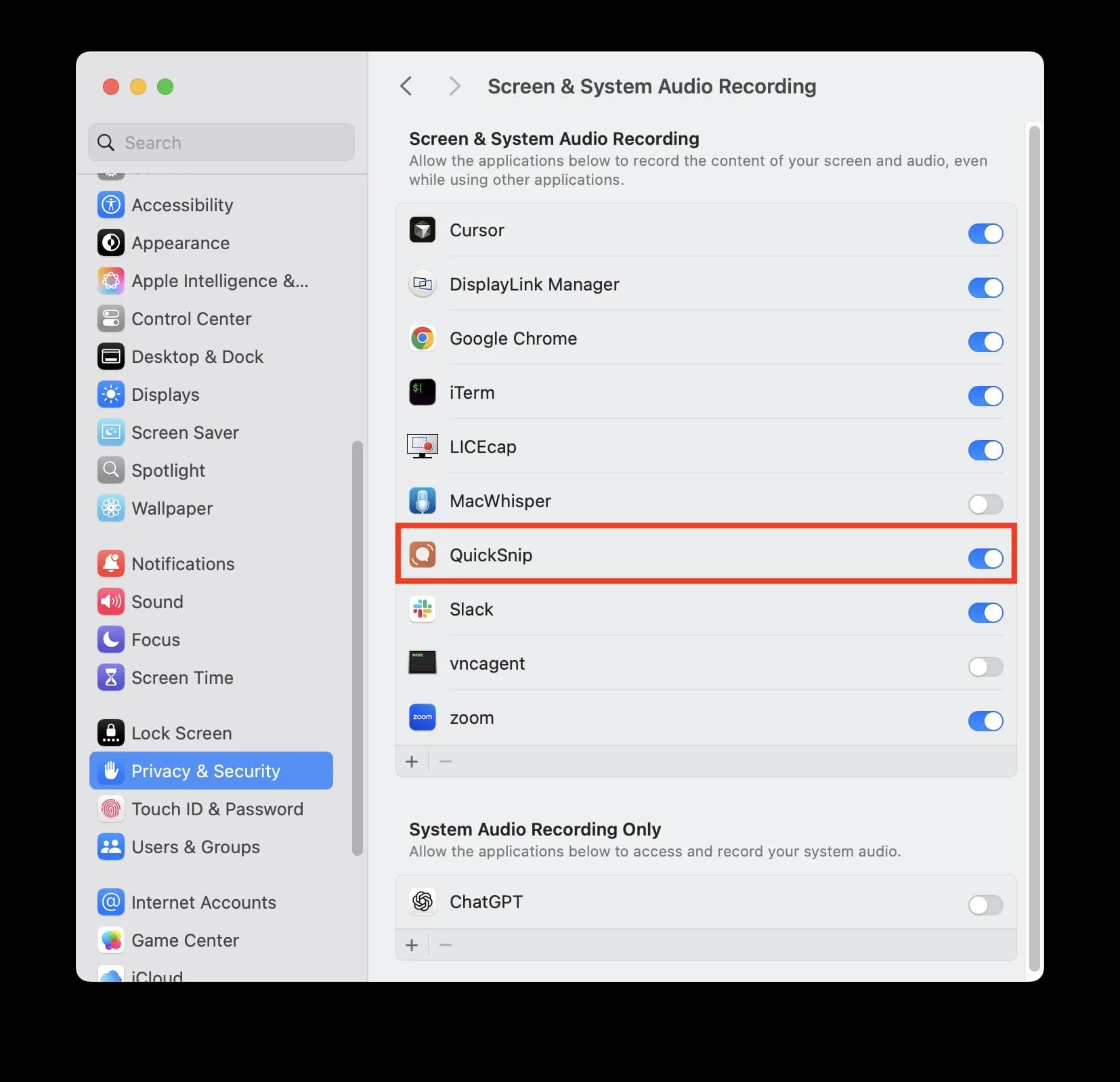 macOS System Settings showing Screen Recording permission with QuickSnip toggled on