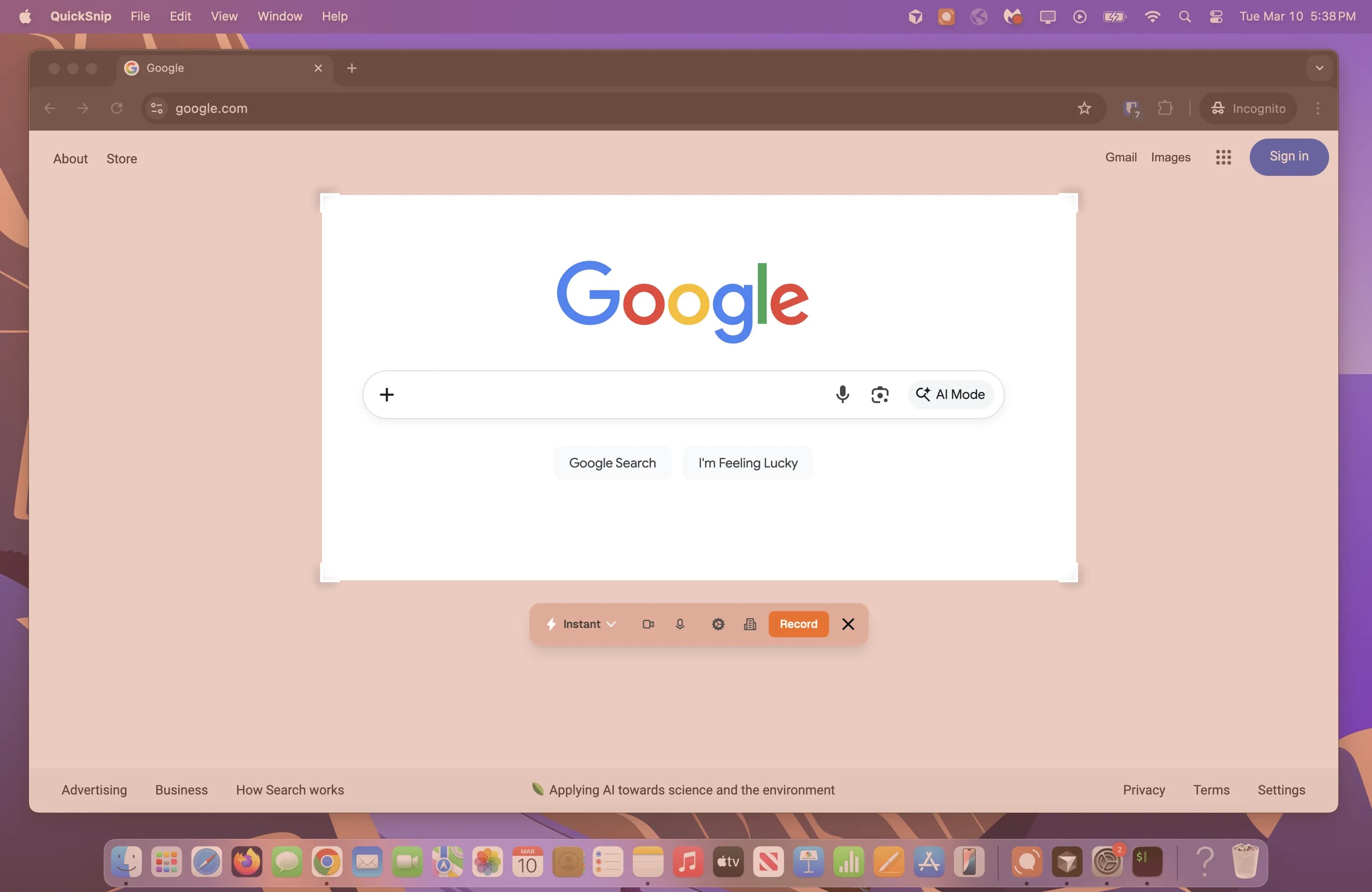 QuickSnip area selection overlay with recording toolbar showing on screen