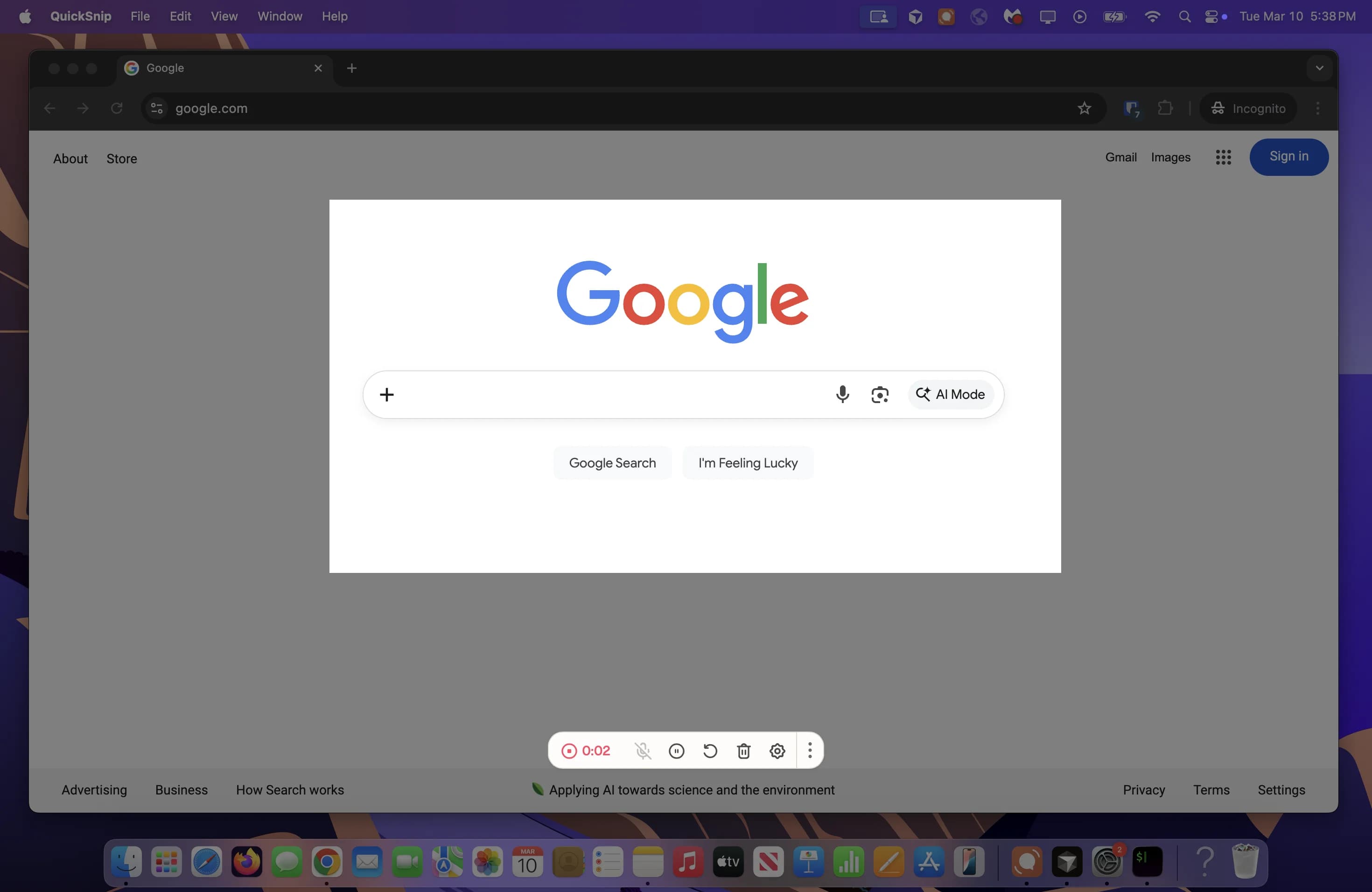 QuickSnip recording in progress showing timer and control bar at the bottom of the screen