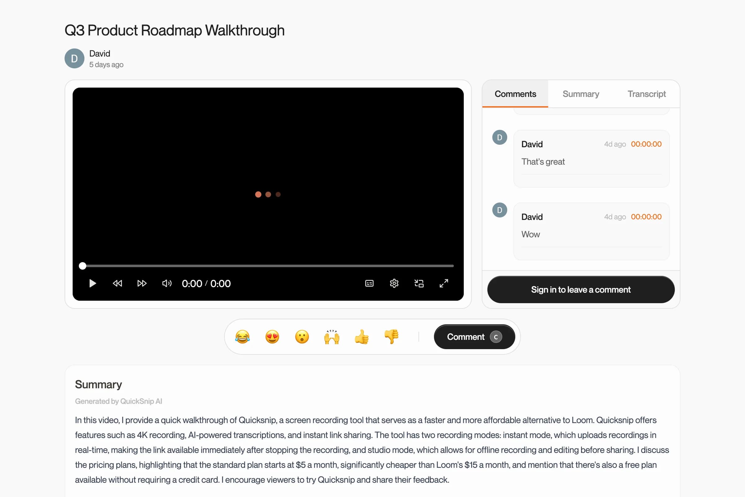 QuickSnip share page with video player, comments, and transcript tabs