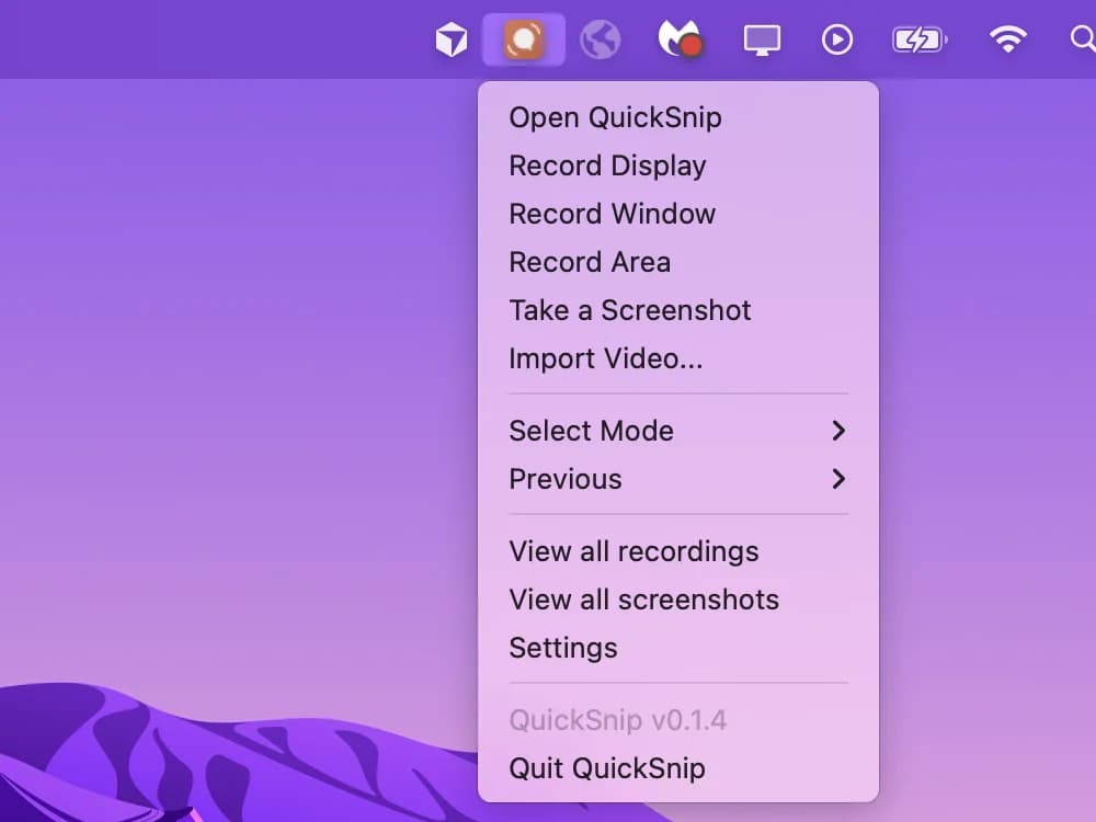 QuickSnip menu bar tray icon showing recording options and settings