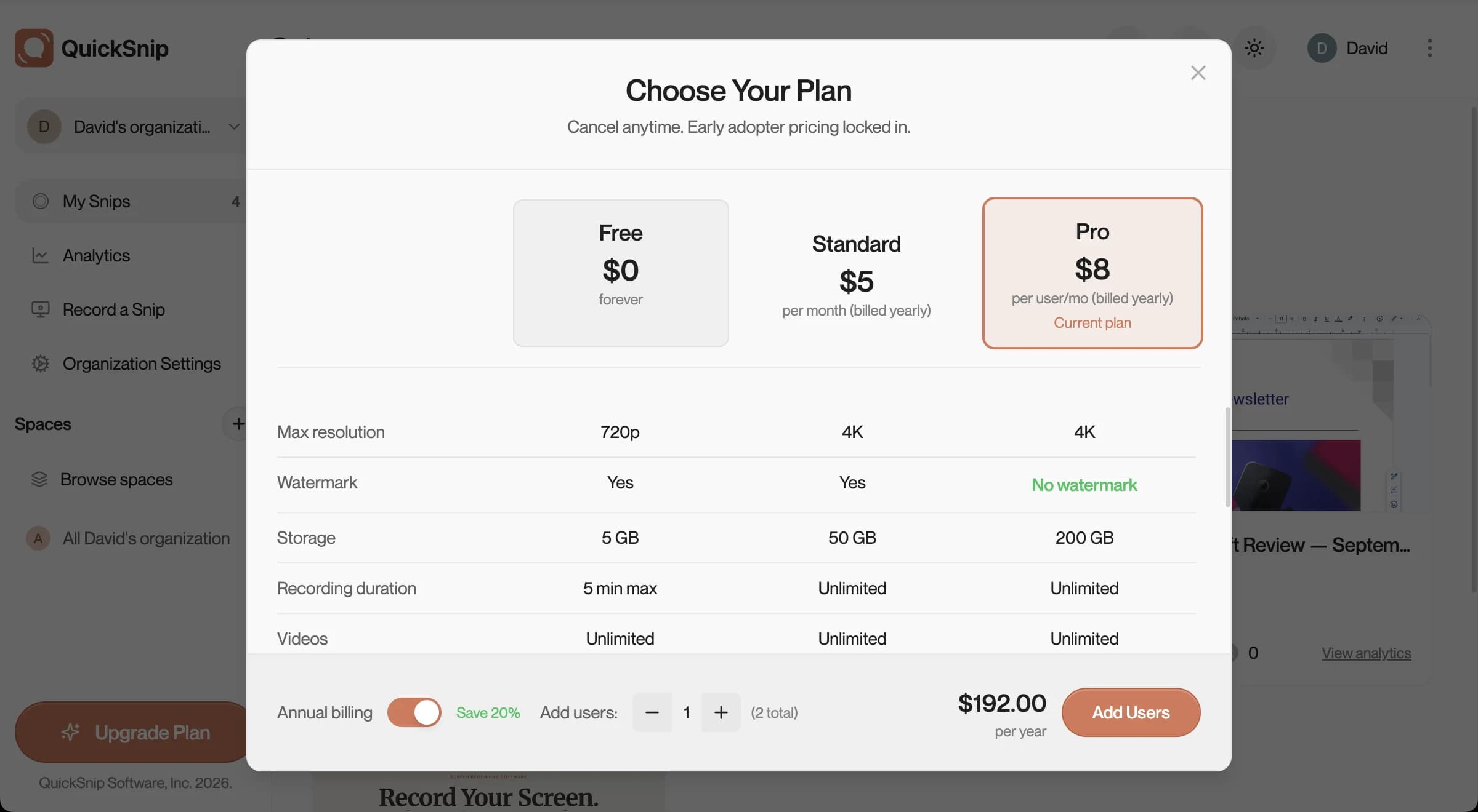 Choose Your Plan modal showing Free, Pro, and Team options