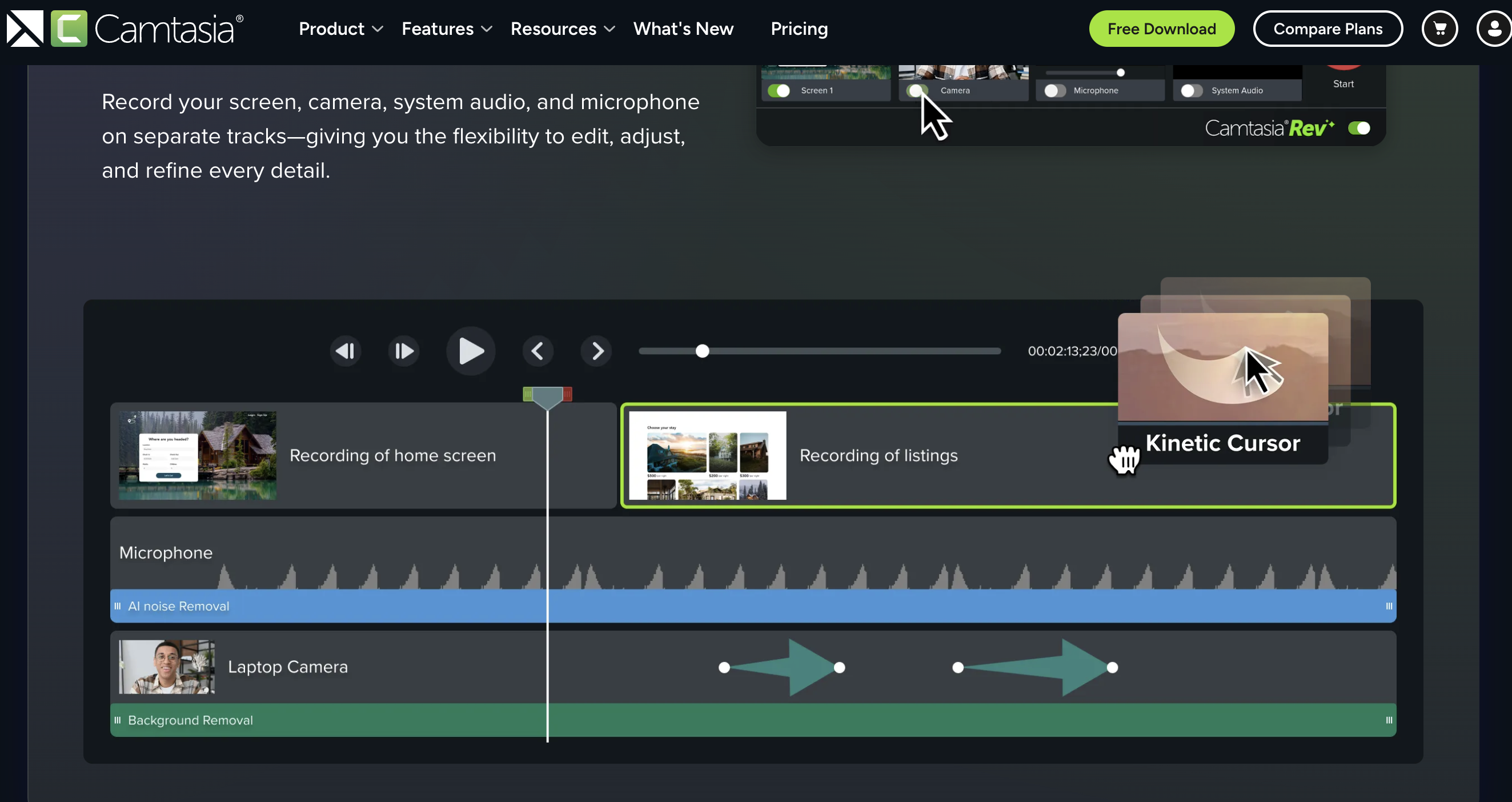 Camtasia video editor with multi-track timeline and annotation tools