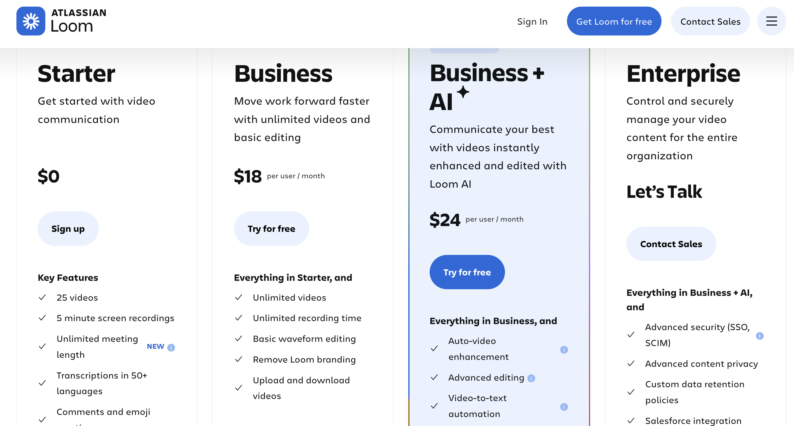 Loom pricing page showing per-user Business and Business plus AI plans