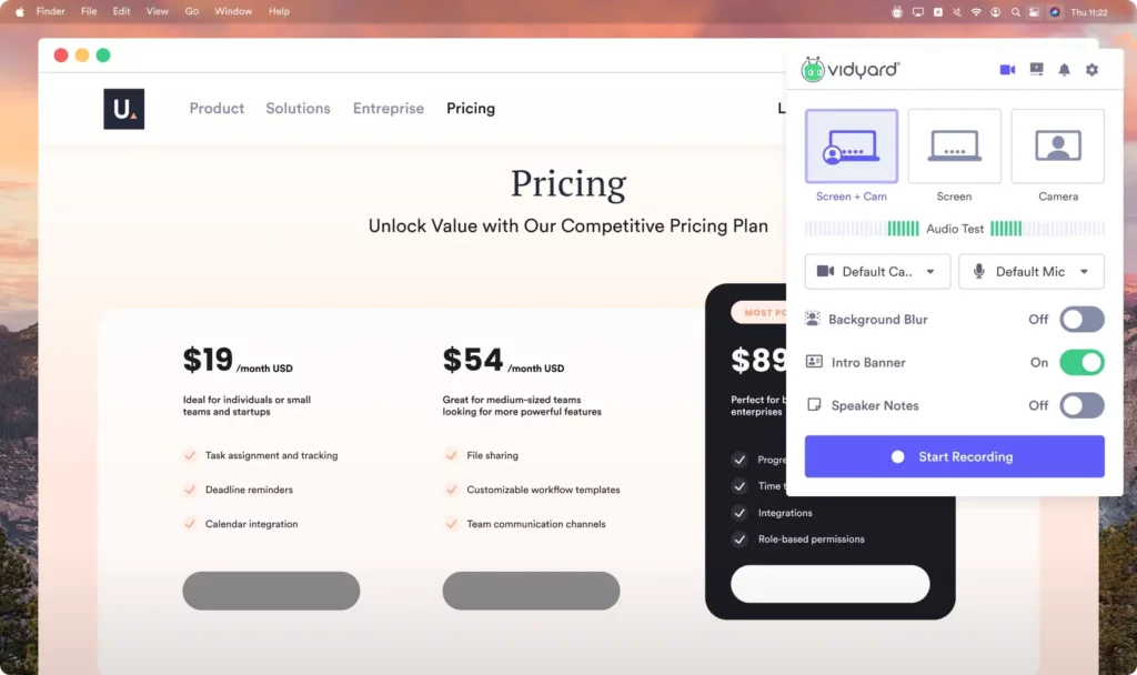 Vidyard dashboard showing viewer analytics and recording features