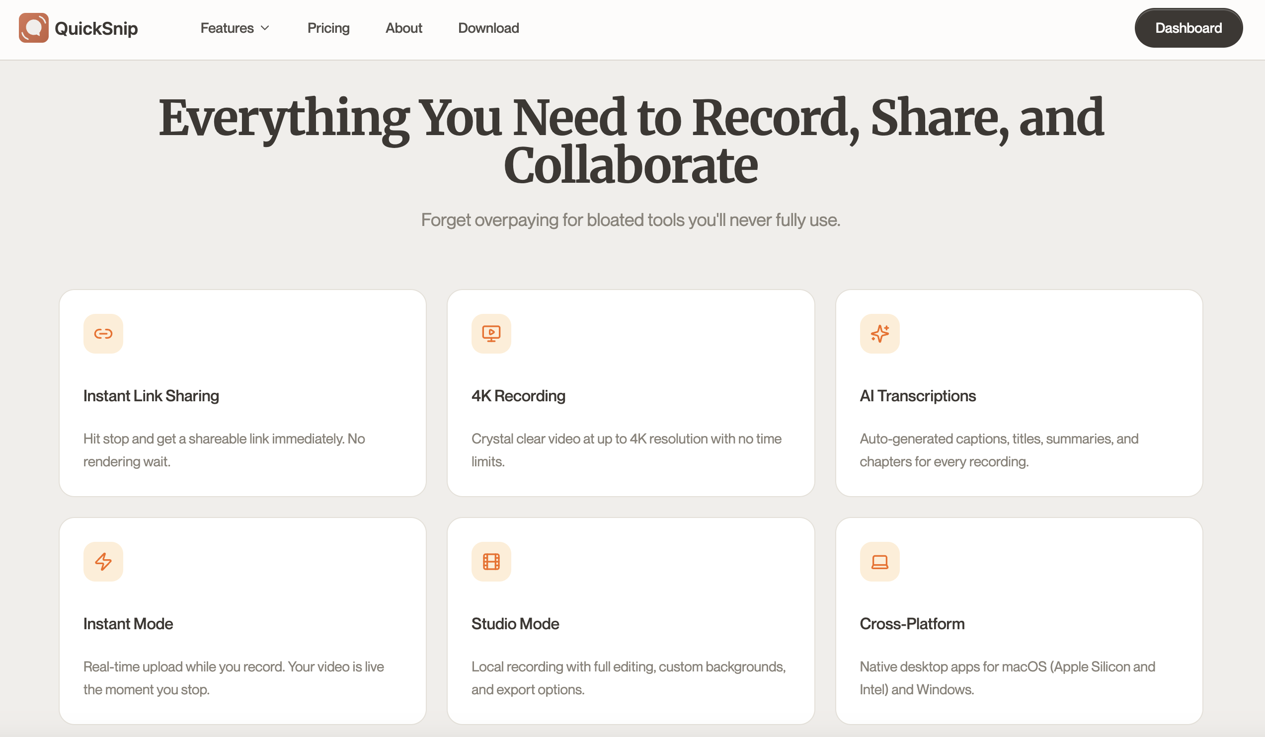 QuickSnip feature grid showing instant sharing, 4K recording, AI captions, and more