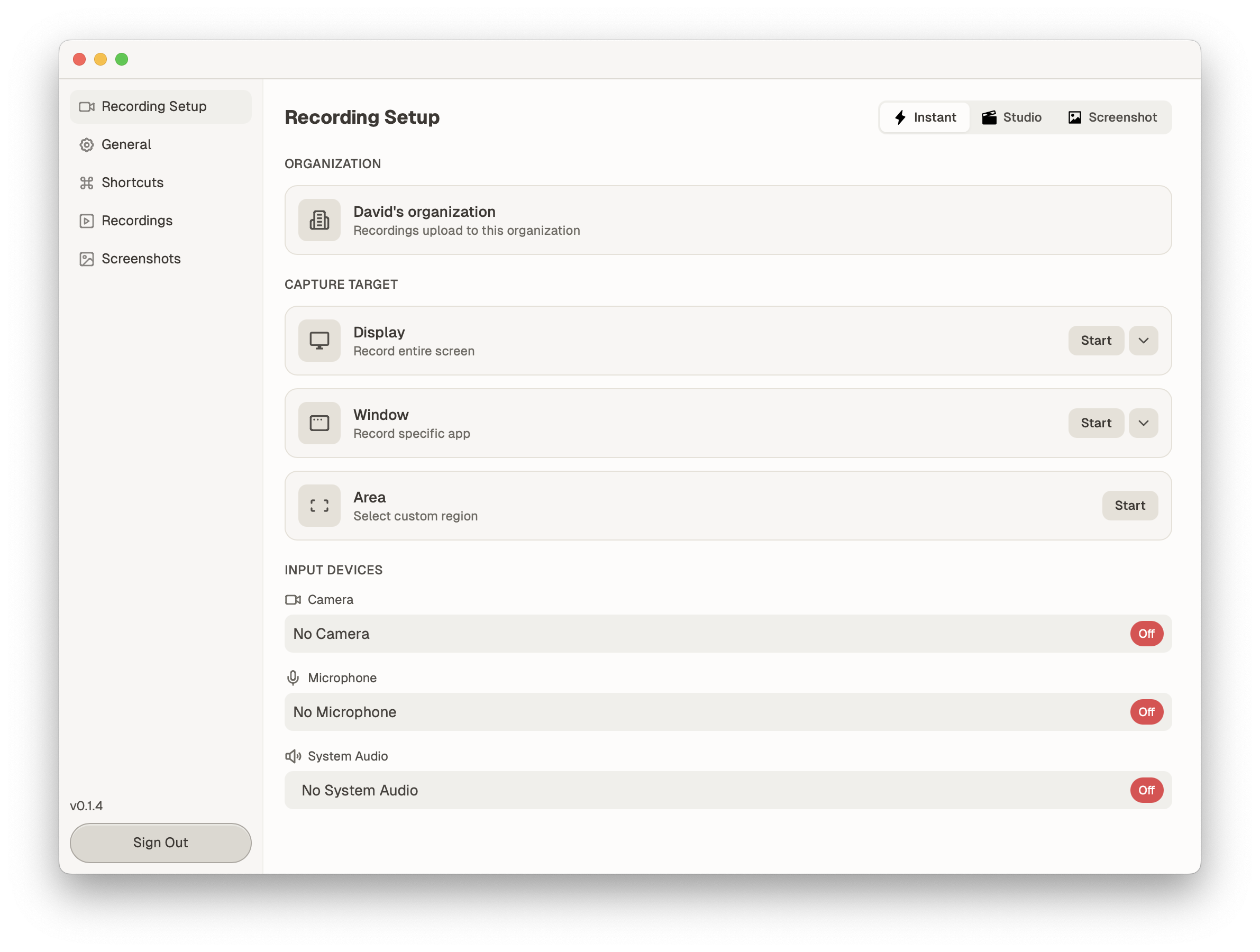 QuickSnip recording panel with 4K, webcam, and system audio enabled