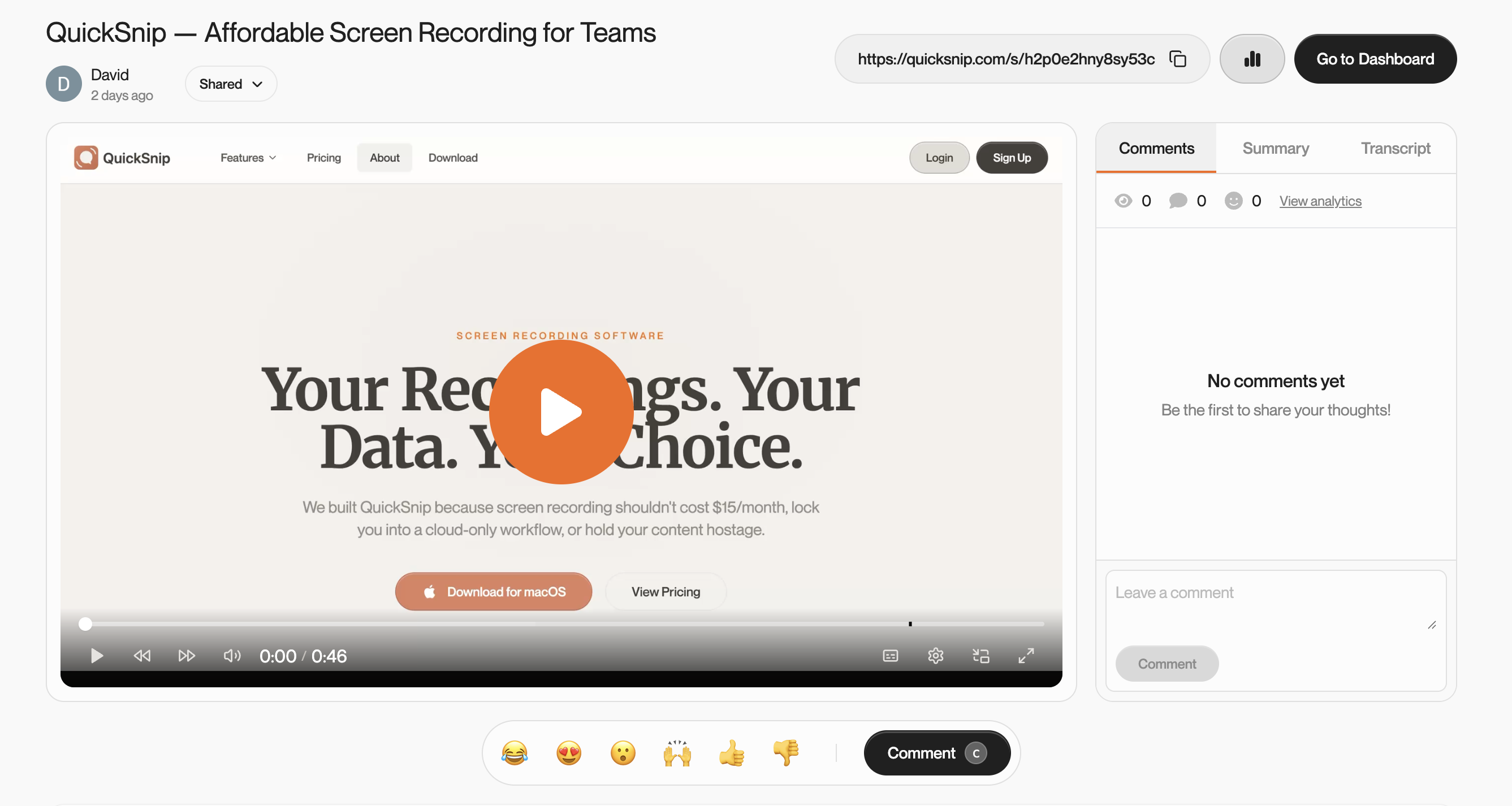 QuickSnip share page with instant link and AI-generated captions